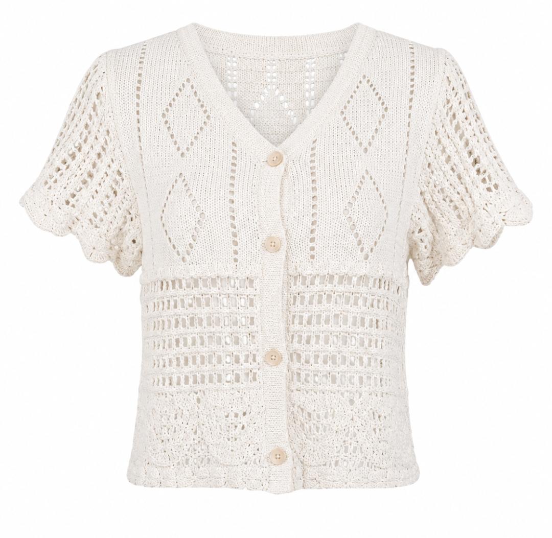 Blusa Tejida Calada en Crema - Diseño Femenino con Mangas Cortas