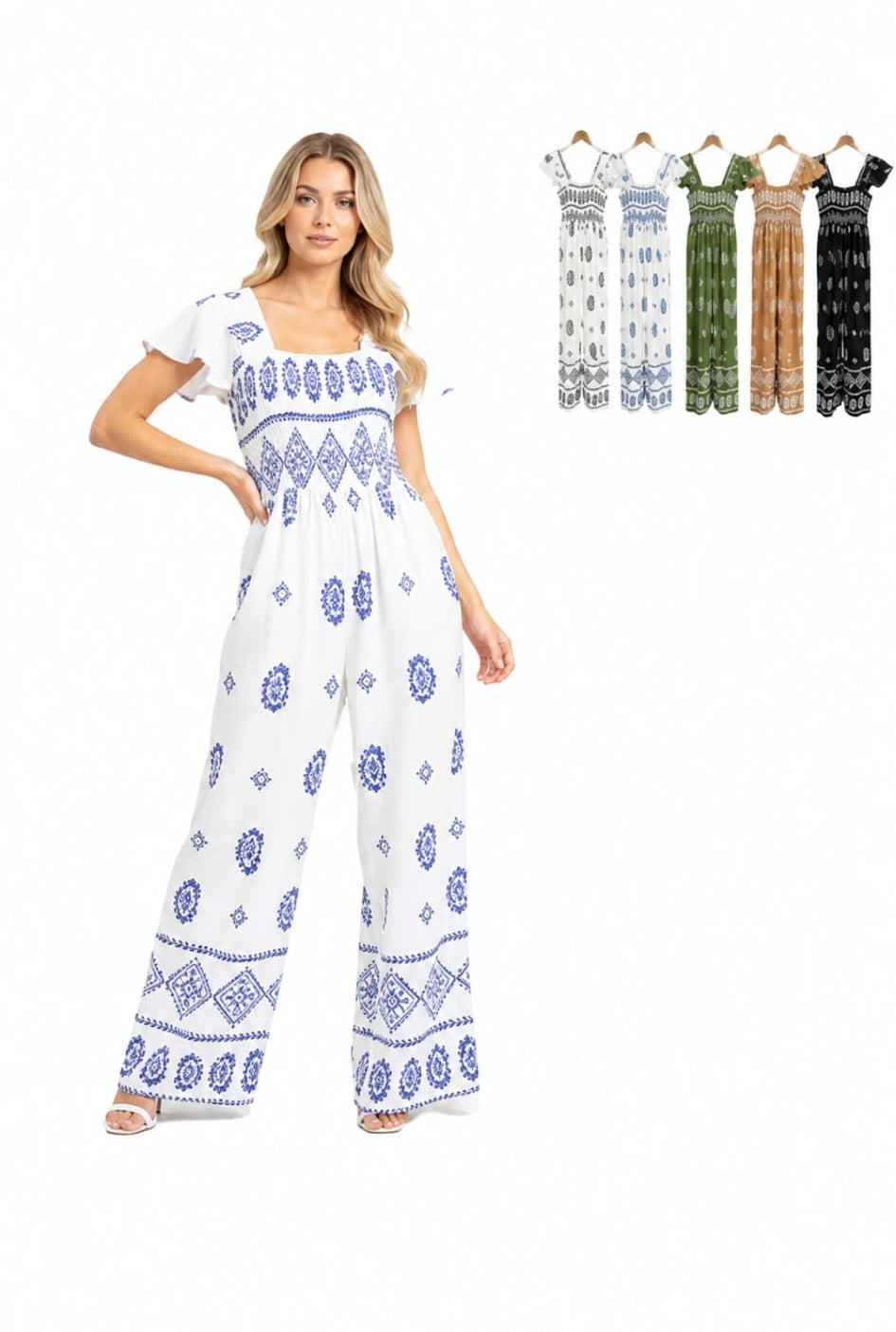 Jumpsuit Bohemio de Escote Cuadrado y Pierna Ancha